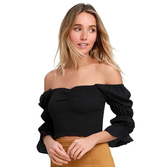 Lulus Women's size M Savia Black Smocked Puff Sleeve Crop Whimsigoth Witchy Top - Picture 5 of 12